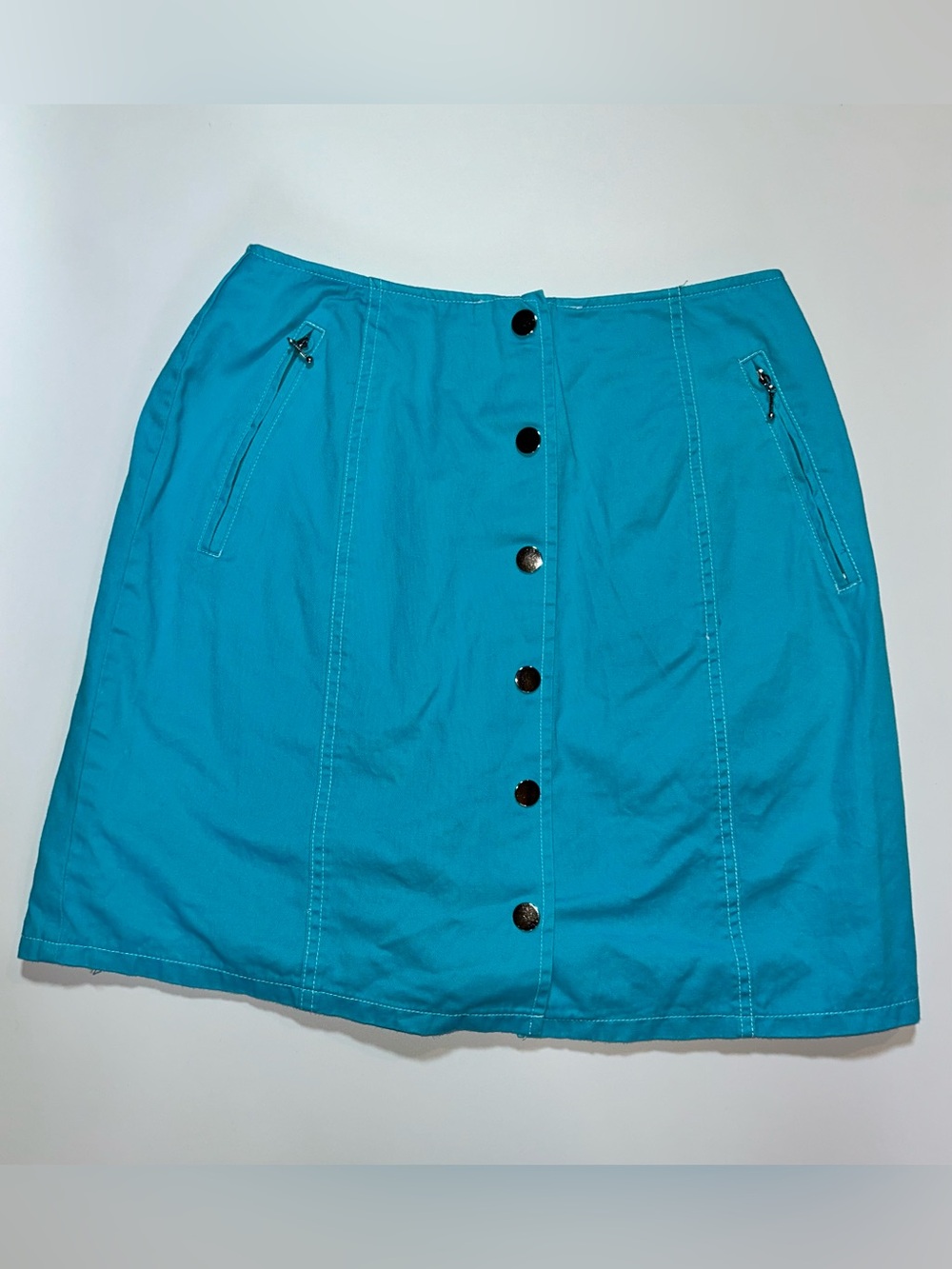Styles To Go Turquoise Cotton A-Line Skirt Size 8 Snap Front Zip Pockets
